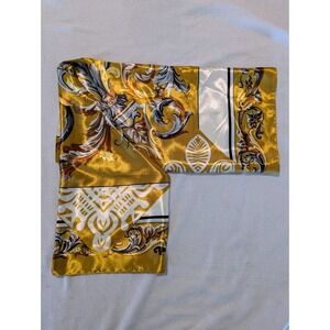 MOSI Gold Baroque Filigree Square Satin Scarf White Black Silk Like Head Wrap